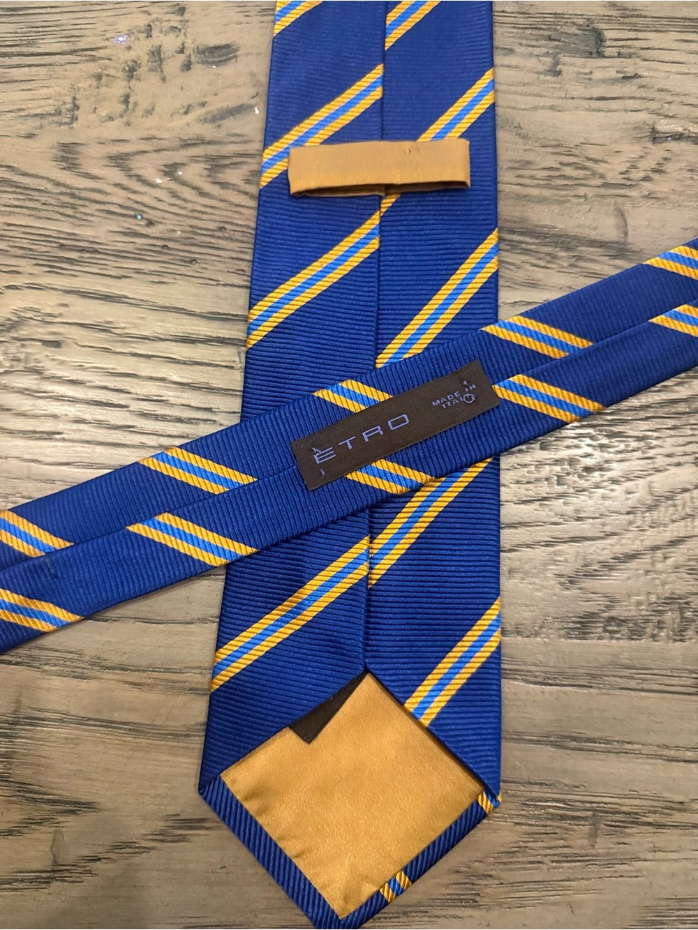 Etro Blue and Gold Diagonal Stripe Silk Tie